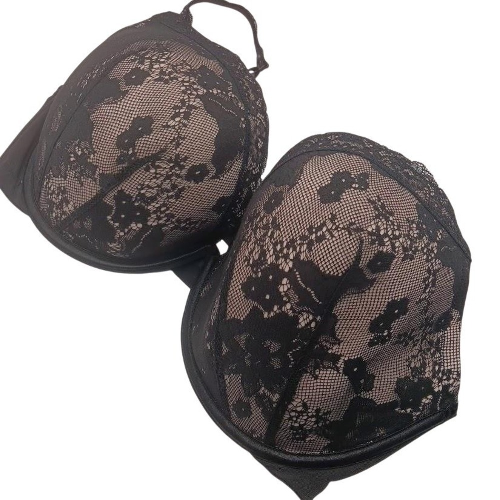 Cacique Bra Womens 44DDD Black Lace Plunge Push Up Underwire Plus Size Stretch